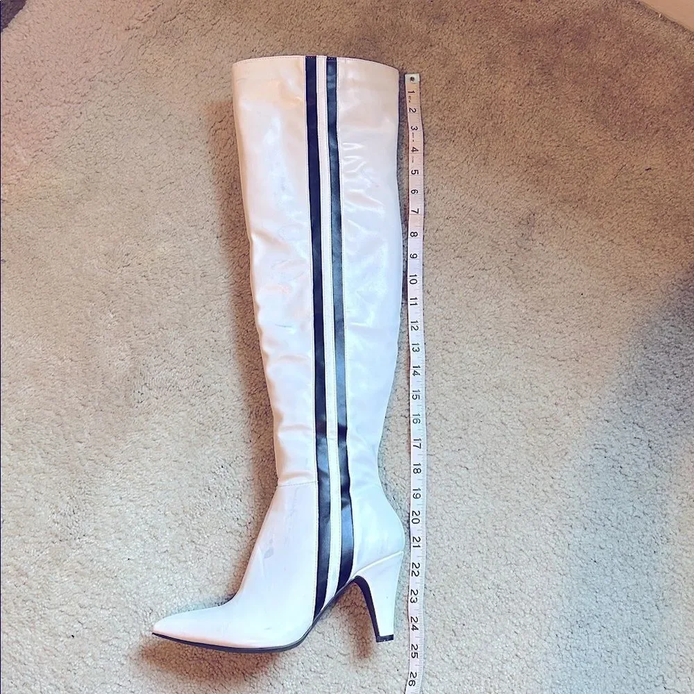 Wild Diva White Thigh-High Boots with Black Stripe